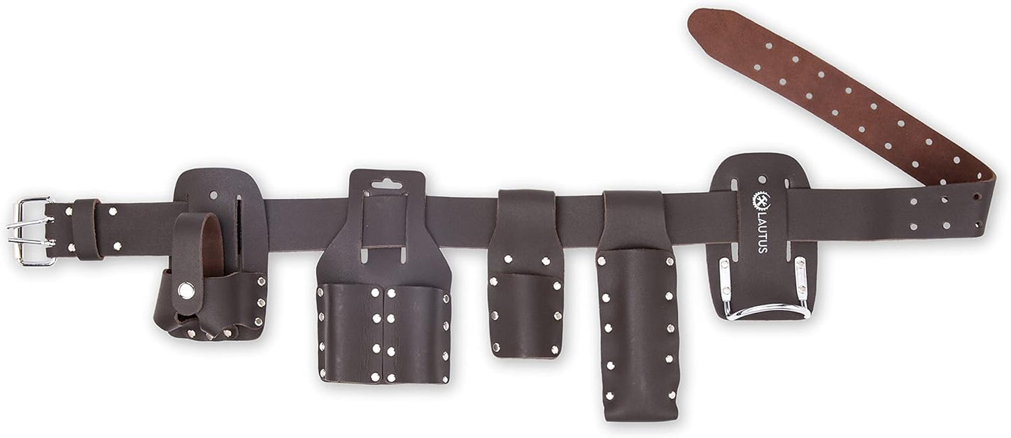 LAUTUS Scaffolding Belt | 6-Piece Leather Scaffold Belt, 2" Wide | Fits Waist Sizes from 32” – 46” | Includes 5 Scaffold Tool Holders to Securely Hold Your Level, Tape, Spanners, Hammer