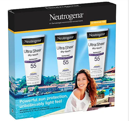 Neutrogena Ultra Sheer Dry-Touch Sunscreen For Face & Body, SPF 55 Broad Spectrum UVA/UVB Protection, Lightweight Water Resistant & Non-Greasy, Travel Size Sunscreen, 3 fl. oz