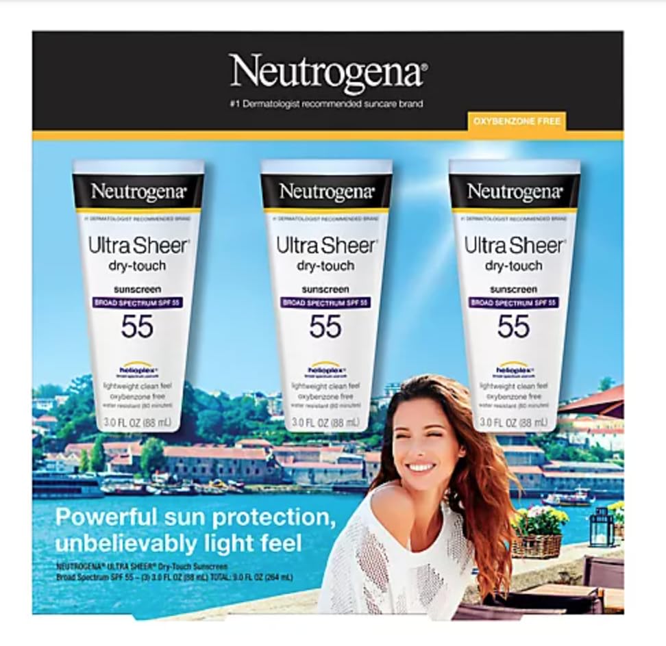 Neutrogena Ultra Sheer Dry-Touch Sunscreen For Face & Body, SPF 55 Broad Spectrum UVA/UVB Protection, Lightweight Water Resistant & Non-Greasy, Travel Size Sunscreen, 3 fl. oz