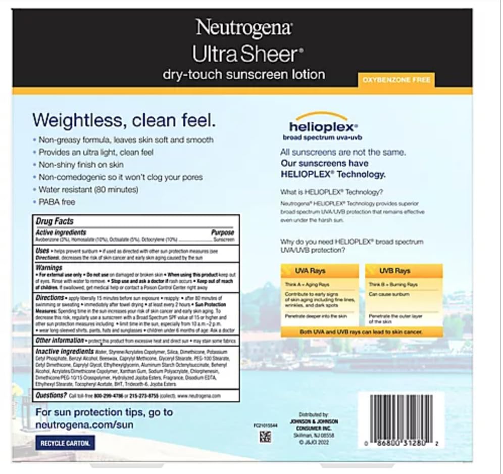 Neutrogena Ultra Sheer Dry-Touch Sunscreen For Face & Body, SPF 55 Broad Spectrum UVA/UVB Protection, Lightweight Water Resistant & Non-Greasy, Travel Size Sunscreen, 3 fl. oz