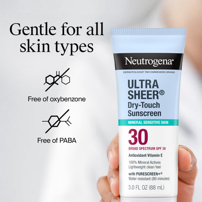 Neutrogena Ultra Sheer Dry-Touch Sunscreen For Face & Body, SPF 55 Broad Spectrum UVA/UVB Protection, Lightweight Water Resistant & Non-Greasy, Travel Size Sunscreen, 3 fl. oz