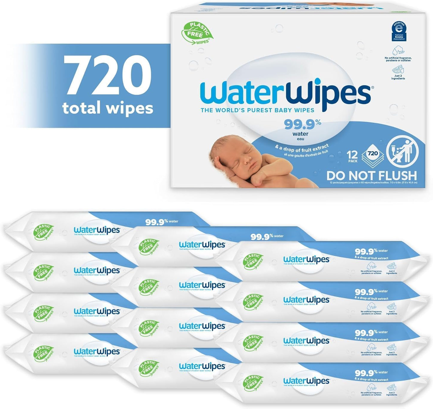 WaterWipes Original Plastic Free Baby Wipes, 720 wet wipes (12 packs)