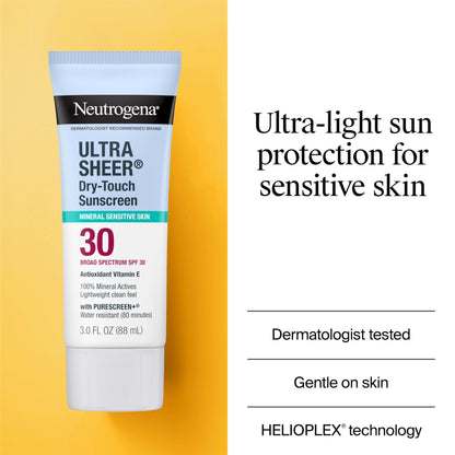 Neutrogena Ultra Sheer Dry-Touch Sunscreen For Face & Body, SPF 55 Broad Spectrum UVA/UVB Protection, Lightweight Water Resistant & Non-Greasy, Travel Size Sunscreen, 3 fl. oz