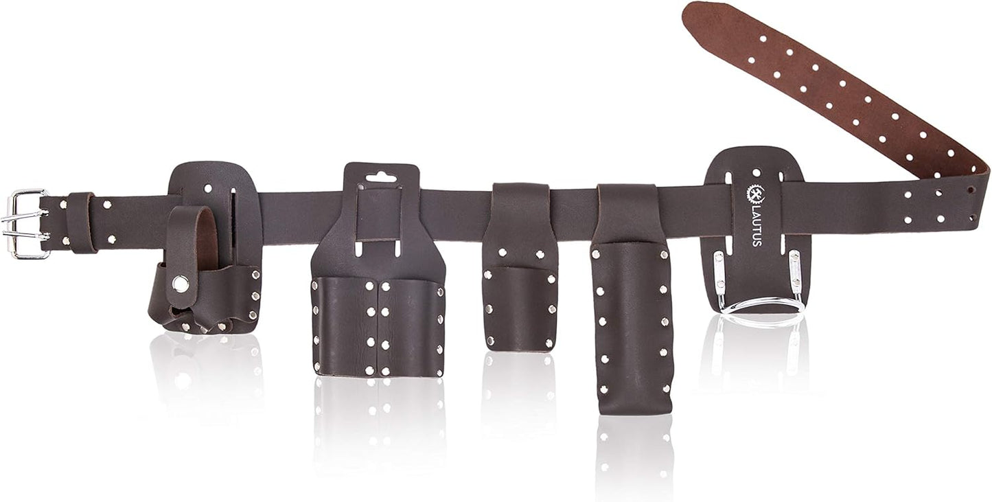LAUTUS Scaffolding Belt | 6-Piece Leather Scaffold Belt, 2" Wide | Fits Waist Sizes from 32” – 46” | Includes 5 Scaffold Tool Holders to Securely Hold Your Level, Tape, Spanners, Hammer