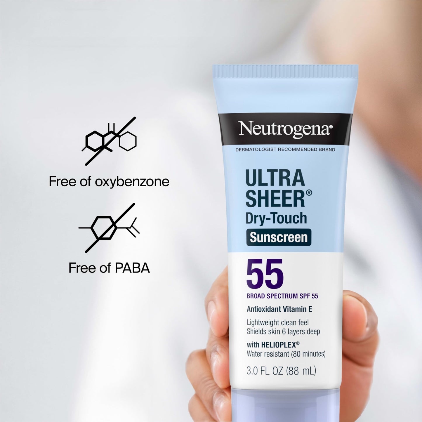 Neutrogena Ultra Sheer Dry-Touch Sunscreen For Face & Body, SPF 55 Broad Spectrum UVA/UVB Protection, Lightweight Water Resistant & Non-Greasy, Travel Size Sunscreen, 3 fl. oz