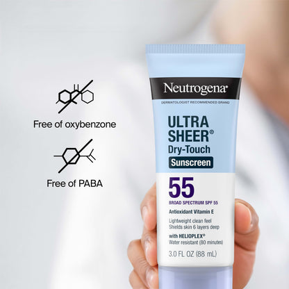 Neutrogena Ultra Sheer Dry-Touch Sunscreen For Face & Body, SPF 55 Broad Spectrum UVA/UVB Protection, Lightweight Water Resistant & Non-Greasy, Travel Size Sunscreen, 3 fl. oz