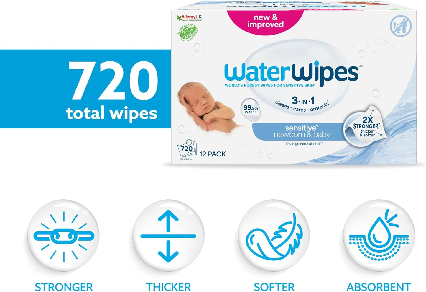 WaterWipes Original Plastic Free Baby Wipes, 720 wet wipes (12 packs)
