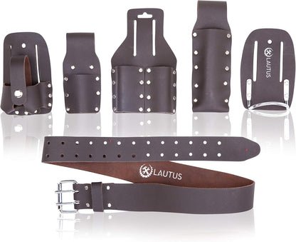 LAUTUS Scaffolding Belt | 6-Piece Leather Scaffold Belt, 2" Wide | Fits Waist Sizes from 32” – 46” | Includes 5 Scaffold Tool Holders to Securely Hold Your Level, Tape, Spanners, Hammer