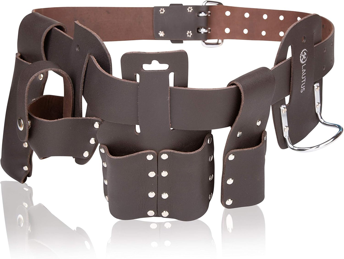 LAUTUS Scaffolding Belt | 6-Piece Leather Scaffold Belt, 2" Wide | Fits Waist Sizes from 32” – 46” | Includes 5 Scaffold Tool Holders to Securely Hold Your Level, Tape, Spanners, Hammer